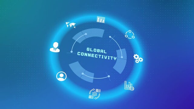 Abstract global connectivity graphic with world map and network nodes on futuristic digital interface.