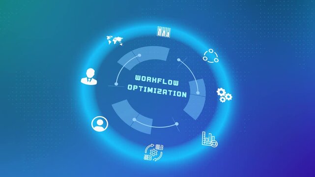 Corporate workflow optimization diagram showing efficiency gears and continuous improvement process loop graphics.