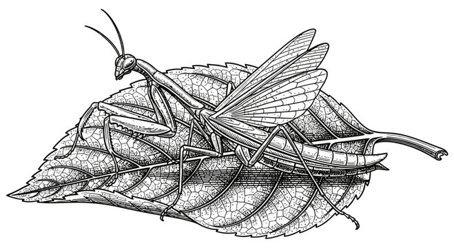 Detailed vector illustration of a praying mantis on a leaf
