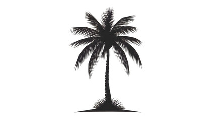 Naklejka premium Coconut palm tree silhouette, tall textured trunk, numerous long curved fronds, isolated black decorative vector artwork