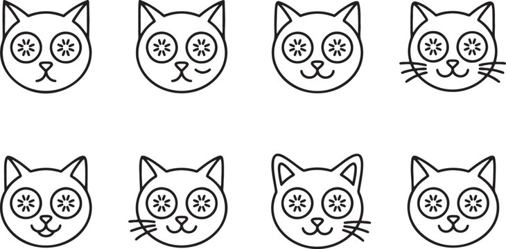 Hypnotic cat faces with spiral eyes in thin outline style