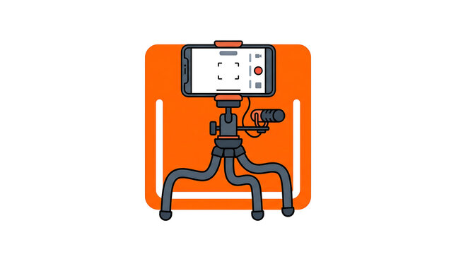 Smartphone video recording setup illustration with a mobile phone on a flexible tripod and an external microphone for vlogging, content creation, and live streaming