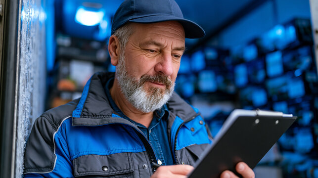 A senior refrigerated transport supervisor checks a digital temperature log on a clipboard while standing inside a open reefer trailer packed with boxed seafood, cold blue interior light, frost on t