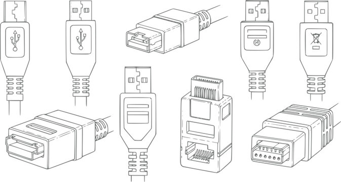 A collection of various computer cable connectors and electronic interface plugs illustrated in a clean black and white line style for technical documentation or hardware projects