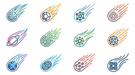 Collection of stylized meteor icons with digital circuit patterns. © Iwan