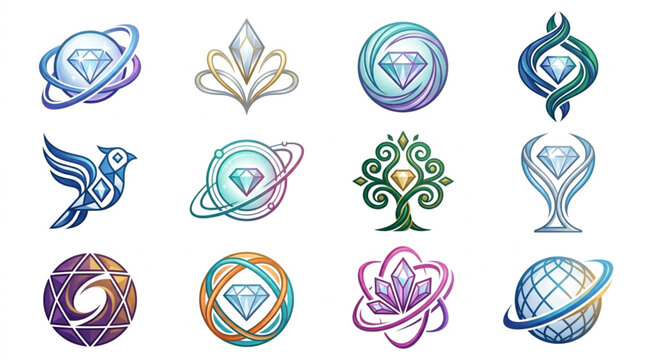 Collection of twelve unique abstract diamond logos and symbols.