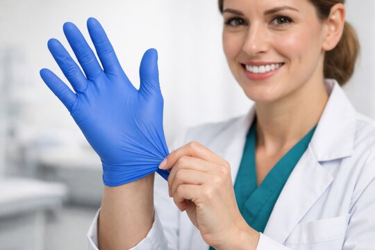 Medical professional putting on blue gloves in clinic environment. Ai generative