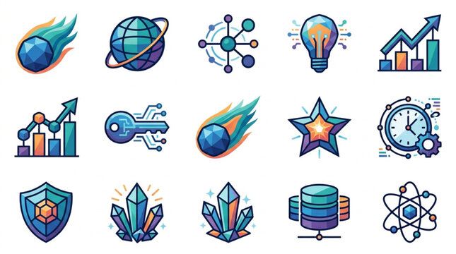 Collection of Technology and Science Icons with Futuristic Style.