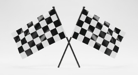 Fototapeta premium Two Crossed Black and White Checkered Racing Flags Isolated on a Plain Background Representing Victory and Competition