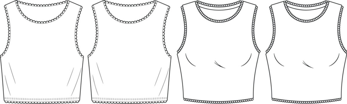 Women sleeveless cropped tank top fashion technical sketch collection with ruffled edges front and back views vector illustration