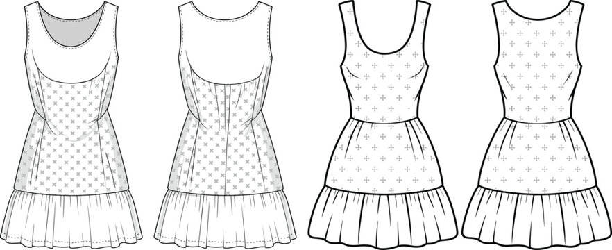 Women sleeveless skater dress fashion technical sketch with front and back views ruffled hem summer dress vector template