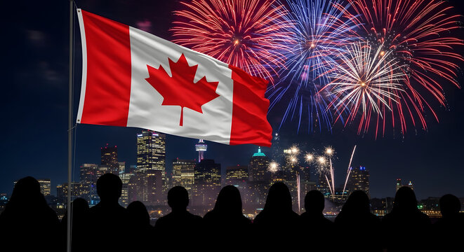 Canada day celebration with fireworks and flag happy canada day background