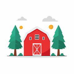 Naklejka premium Red Barn with Trees and Sun