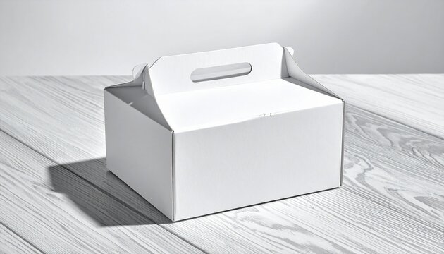"White cardboard gable box with handle, minimal design for packaging food or gifts."