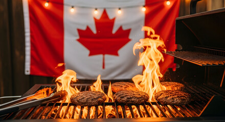 Canada day bbq celebration with sizzling burgers and canadian flag