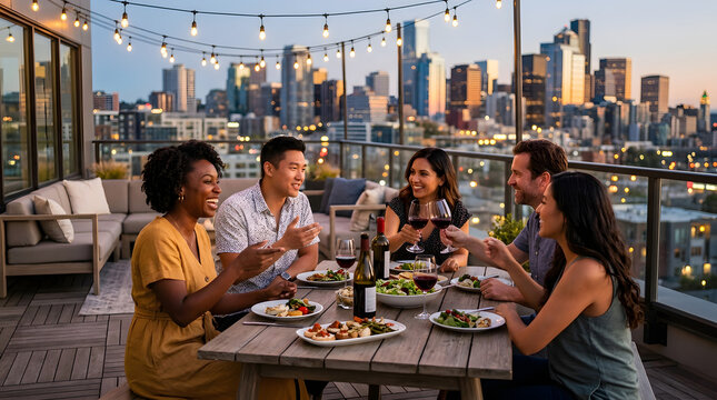Diverse group of friends dining on urban rooftop terrace at night.