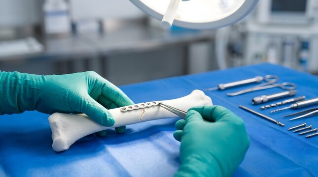 Professional surgeon performing orthopedic operation using metal plate and screws to repair bone fracture in hospital surgery room