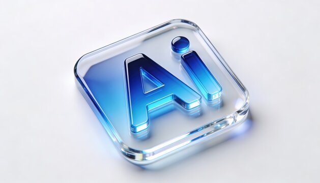 Transparent Glass AI Icon With Blue Glow Render