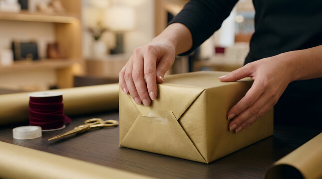 Person hands wrapping gift box in brown paper for shipping.