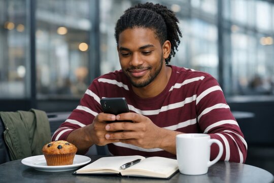 Student man using smartphone in cafe with notebook and coffee. Ai generative