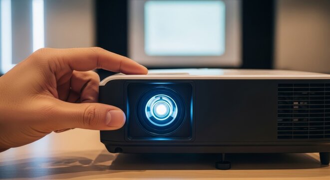 Close up of a hand operating a modern digital projector with a bright illuminated lens, ready for presentation or viewing