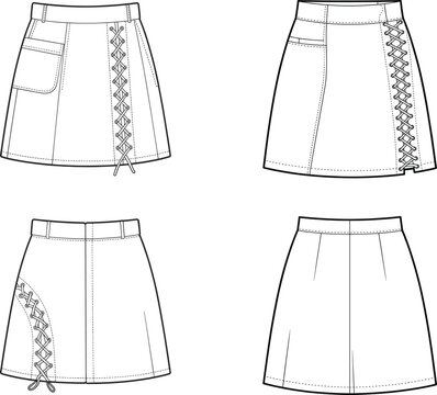 High waisted a line mini skirt with lace up details and side pocket cad drawing flat vector illustration technical sketch