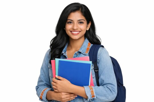 Smiling student holding books against clean background portrait