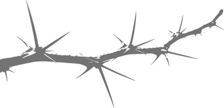 A minimalist of a thorny branch silhouette isolated on a plain white background, representing nature, danger, and sharp textures in a clean, high-contrast artistic style