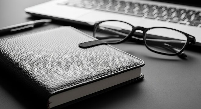 Textured leather notebook and eyeglasses resting on a desk near a laptop keyboard
