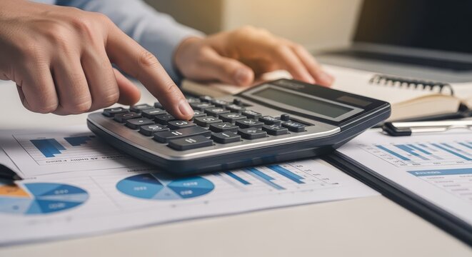 Close up of hands operating a calculator over financial reports and charts, symbolizing business accounting and data analysis.