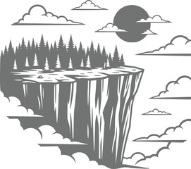 Fototapeta premium A stylized monochrome featuring a steep cliff edge topped with a dense pine forest, set against a backdrop of a large sun and fluffy clouds in a minimalist style