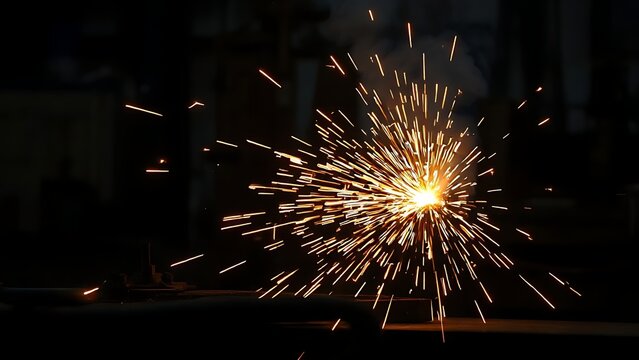 Sparks fly in a dark workshop, creating dramatic trails of light in an industrial setting.
