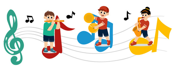 Fototapeta premium Little kid enjoys climbing the scales and musical notes while playing musical instruments