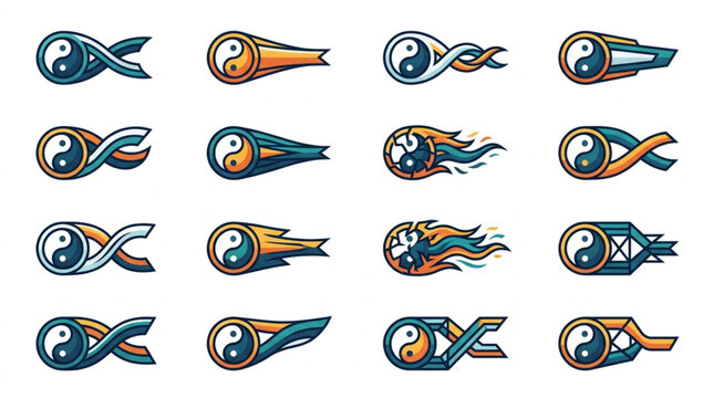 Collection of Yin Yang Symbols with Abstract Designs.