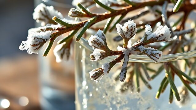 Frosted juniper branches immersed in clear liquor with water droplets on the glass surface.
