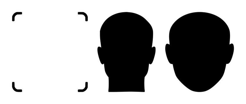Facial recognition icon set with clean solid black lines against white background featuring biometric, scan, iconography with security and surveillance