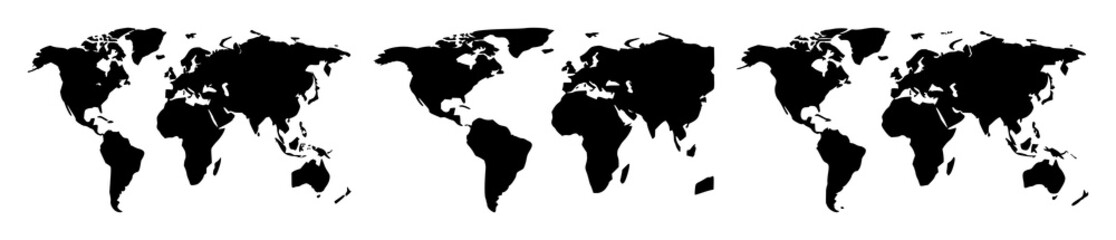 World map icon set with solid black line art design featuring geographic map, global outline, political borders with outlines and continents © MDRASHIDUL