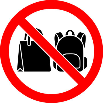 No bags and backpacks allowed sign icon, a flat vector illustration of a red circular prohibition symbol with black silhouettes of a shopping bag and a school backpack inside.