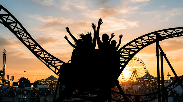 Silhouettes of excited people on a roller coaster during golden sunset.