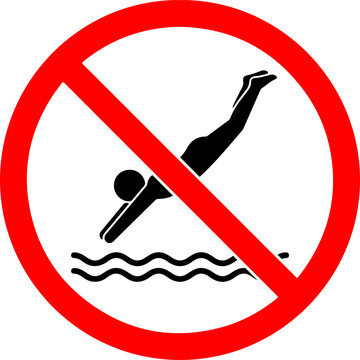No diving allowed sign icon, a flat vector illustration of a red circular prohibition symbol with a black silhouette of a person jumping headfirst into water waves below it.