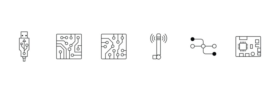 Computer circuit board usb plug and wireless antenna line icon set vector illustration.