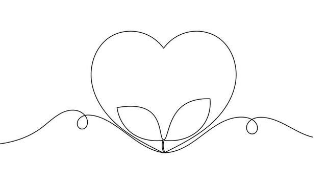 Creativity leaves with heart shape sign icon continuous one and single line art drawing on white background minimal love of nature concept symbol 4k animation video