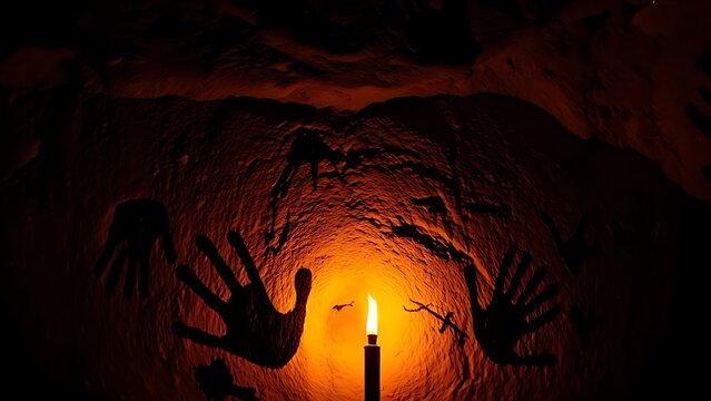 Cave wall with ochre handprints and animal silhouettes, torch light.