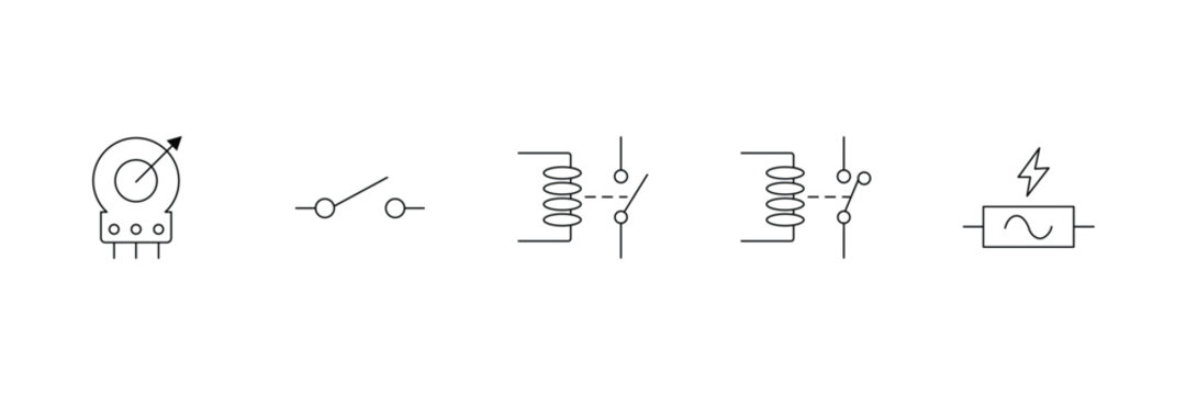 Electrical circuit switch relay and potentiometer line icon set vector illustration.