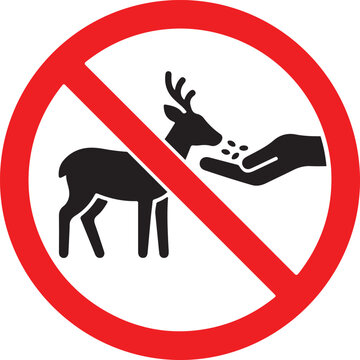 Vector graphic no feeding animals sign with deer and hand silhouette, warning symbol in red circle, prohibition icon for parks and wildlife areas, conservation message.