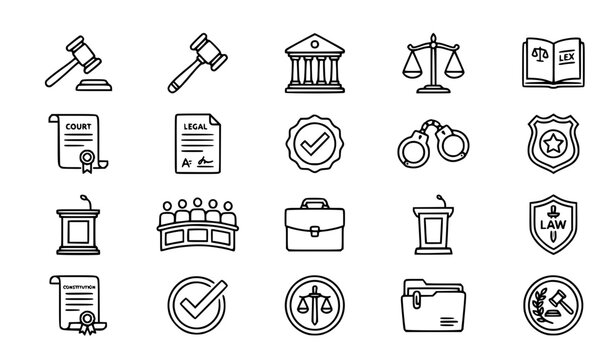 Law Justice and Legal System Thin Line Icon Set with Judge Gavel, Courthouse, Scales of Justice, Handcuffs, and Police Badge Symbols
