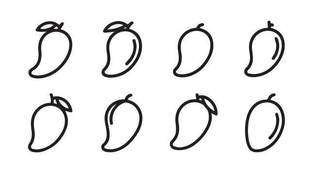 Eight stylized mango line icons arranged in two rows on a clean white background