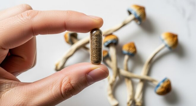 Hand holding a psilocybin mushroom capsule with dried magic mushrooms in the background