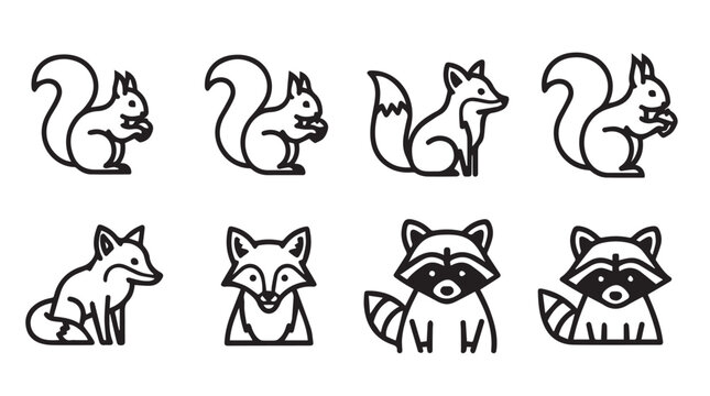 Forest animals collection in simple line art style with white background for design