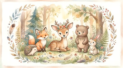 Fototapeta premium Cute Woodland Animals Friends Forest Watercolor Illustration